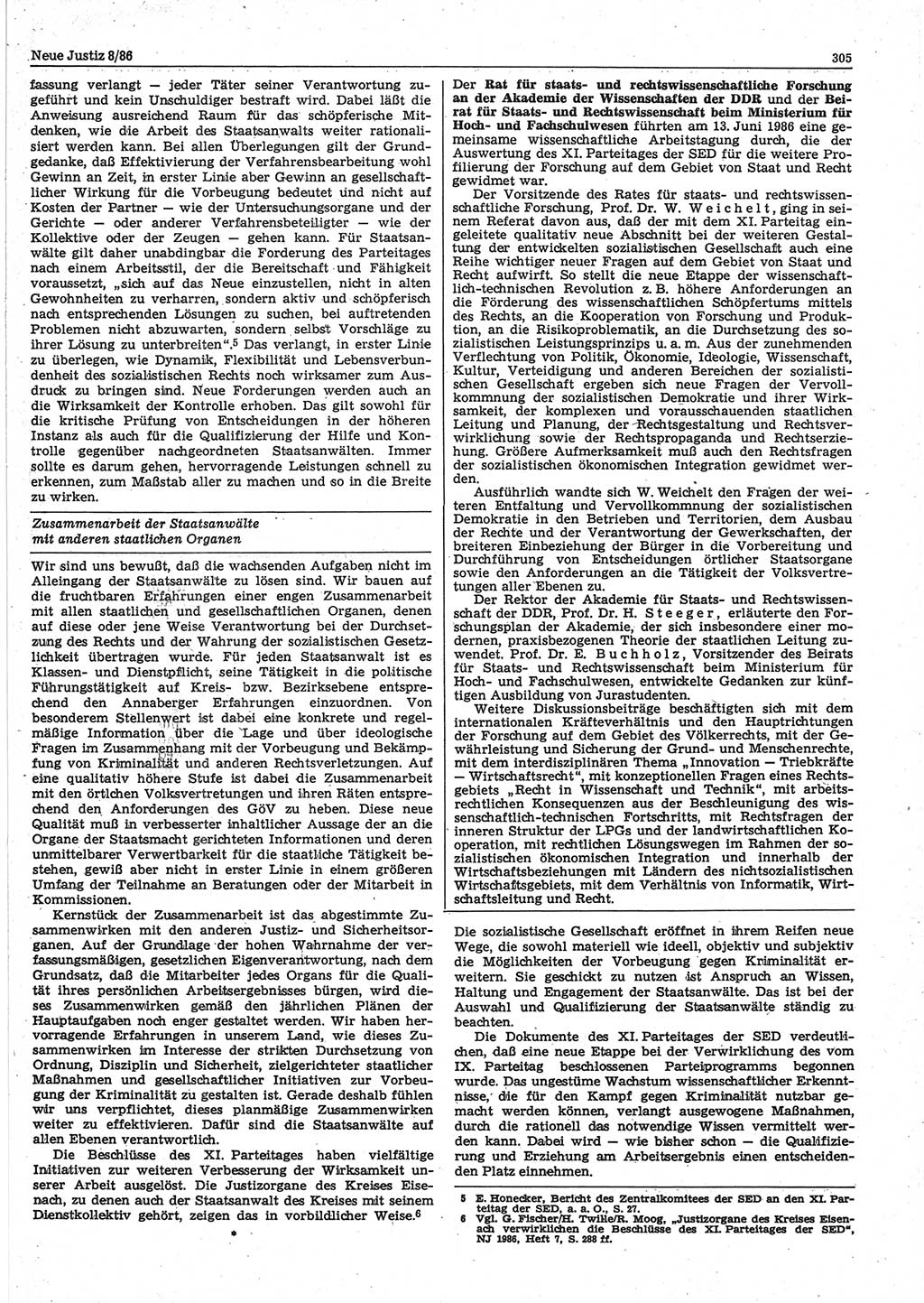 Neue Justiz (NJ), Zeitschrift für sozialistisches Recht und Gesetzlichkeit [Deutsche Demokratische Republik (DDR)], 40. Jahrgang 1986, Seite 305 (NJ DDR 1986, S. 305)