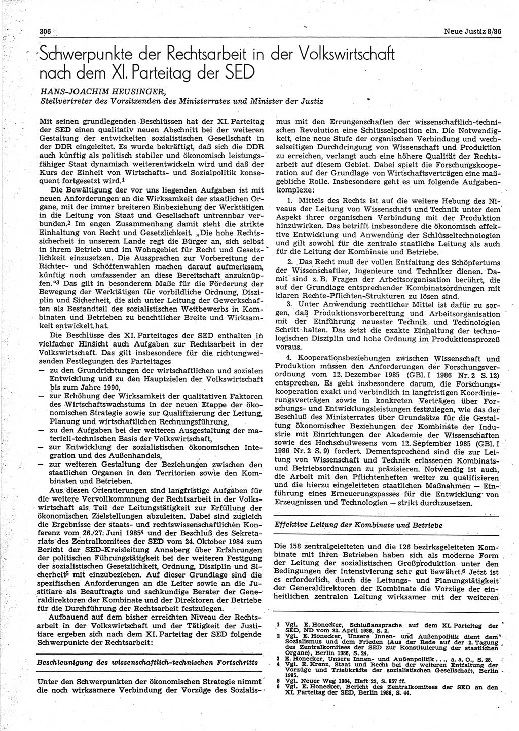 Neue Justiz (NJ), Zeitschrift für sozialistisches Recht und Gesetzlichkeit [Deutsche Demokratische Republik (DDR)], 40. Jahrgang 1986, Seite 306 (NJ DDR 1986, S. 306)
