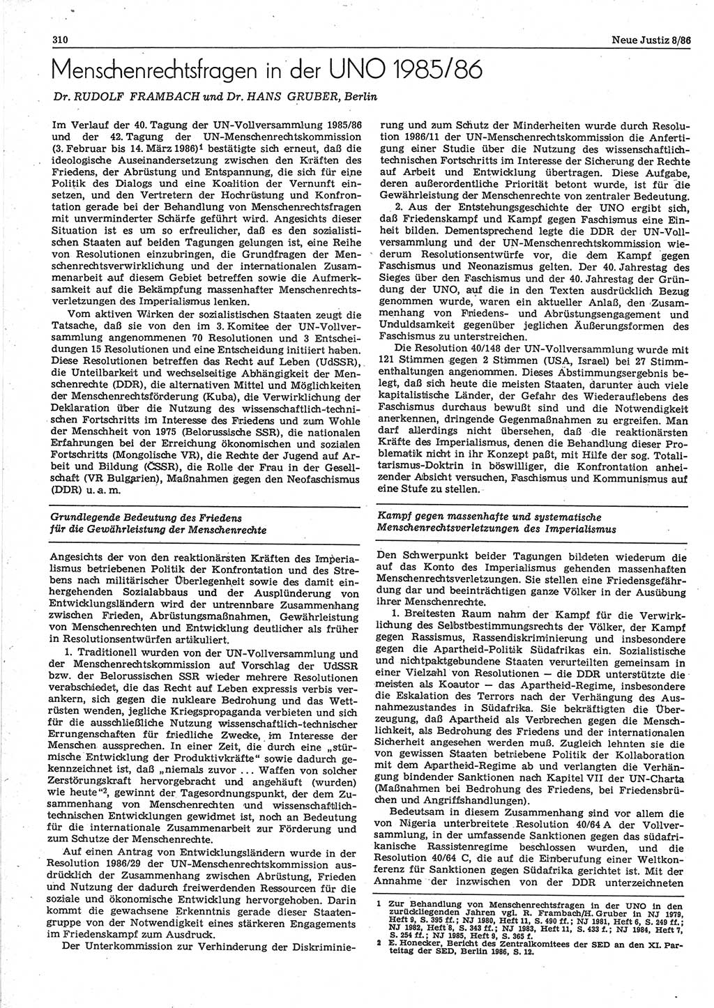 Neue Justiz (NJ), Zeitschrift für sozialistisches Recht und Gesetzlichkeit [Deutsche Demokratische Republik (DDR)], 40. Jahrgang 1986, Seite 310 (NJ DDR 1986, S. 310)