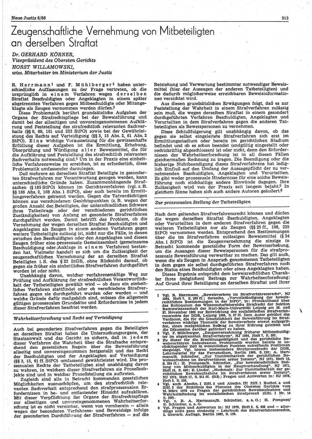Neue Justiz (NJ), Zeitschrift für sozialistisches Recht und Gesetzlichkeit [Deutsche Demokratische Republik (DDR)], 40. Jahrgang 1986, Seite 313 (NJ DDR 1986, S. 313)