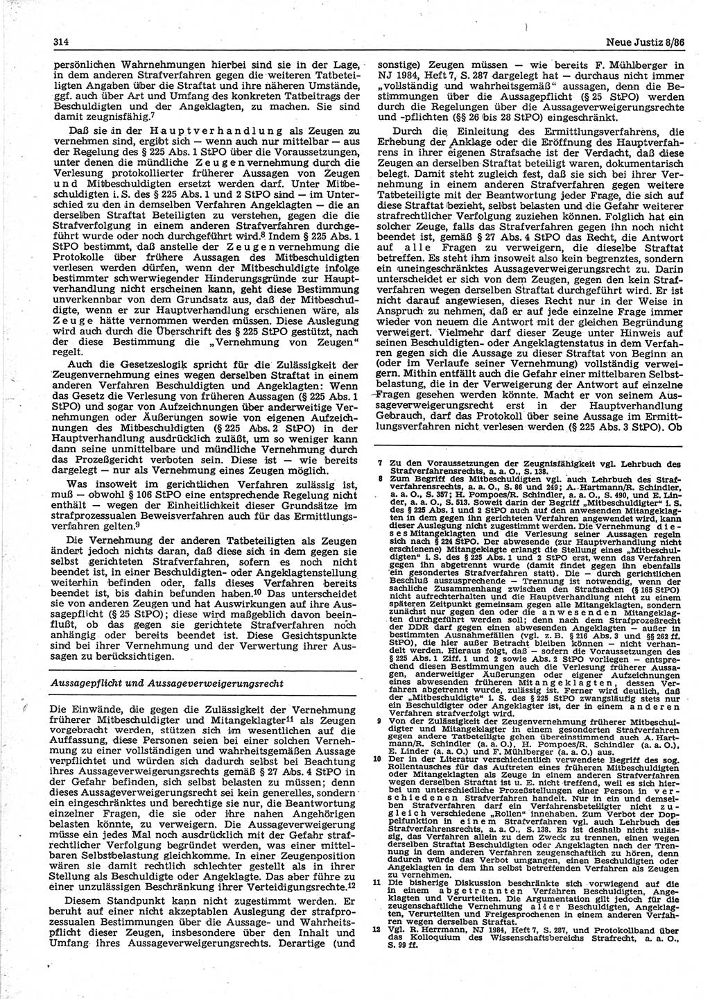 Neue Justiz (NJ), Zeitschrift für sozialistisches Recht und Gesetzlichkeit [Deutsche Demokratische Republik (DDR)], 40. Jahrgang 1986, Seite 314 (NJ DDR 1986, S. 314)