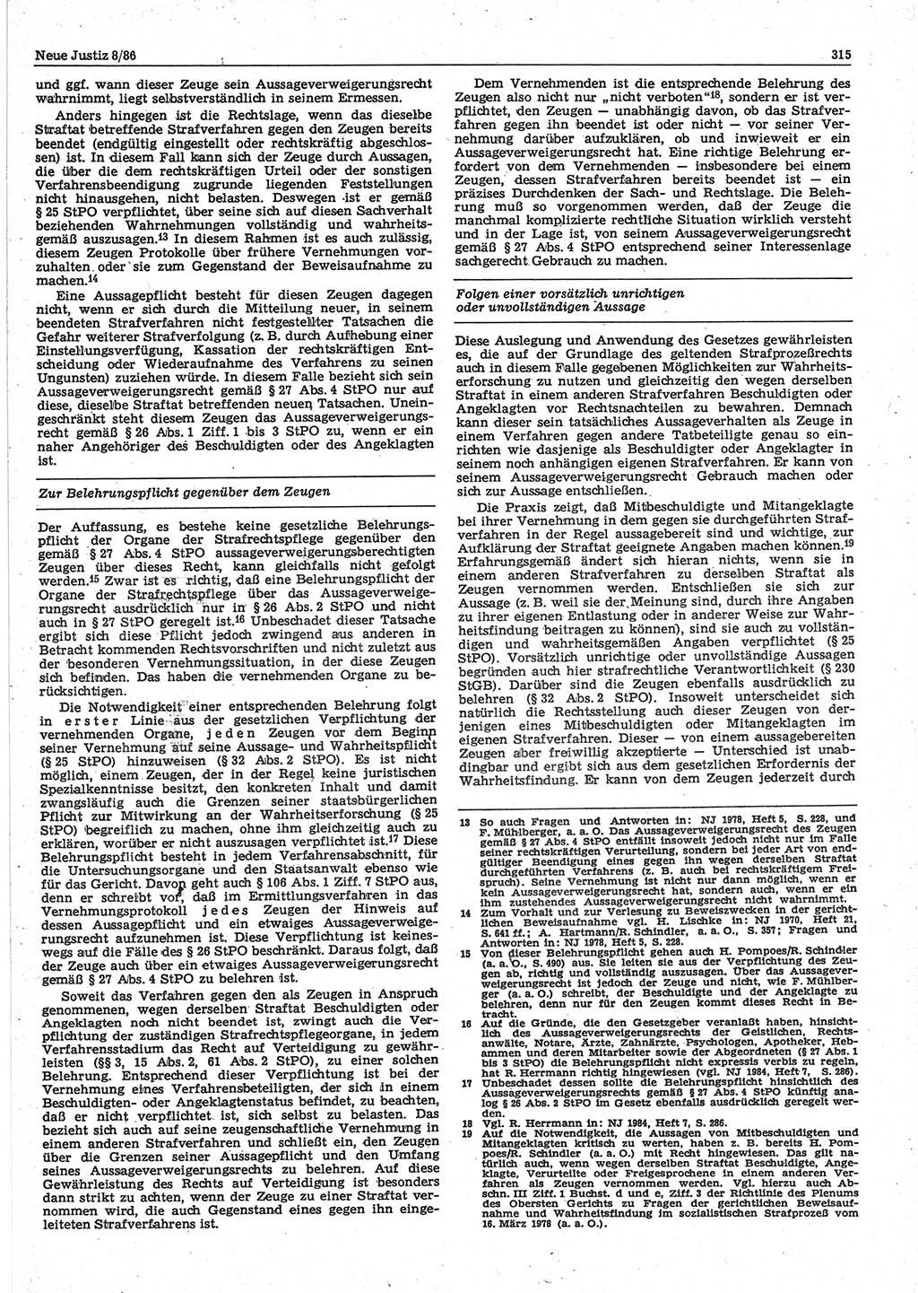Neue Justiz (NJ), Zeitschrift für sozialistisches Recht und Gesetzlichkeit [Deutsche Demokratische Republik (DDR)], 40. Jahrgang 1986, Seite 315 (NJ DDR 1986, S. 315)