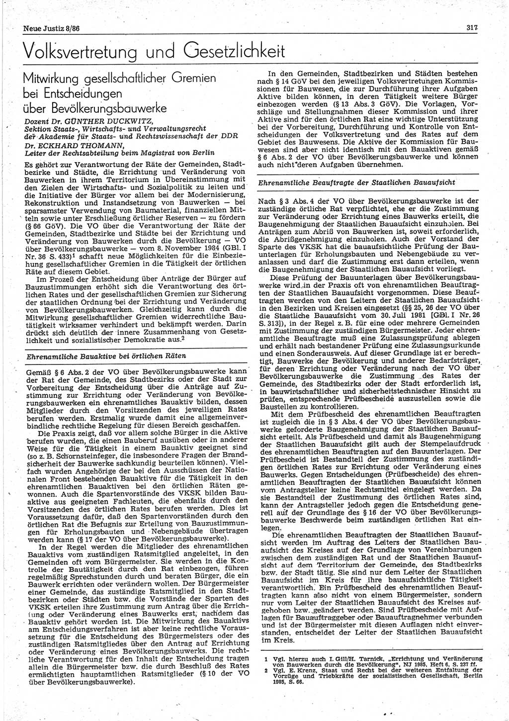 Neue Justiz (NJ), Zeitschrift für sozialistisches Recht und Gesetzlichkeit [Deutsche Demokratische Republik (DDR)], 40. Jahrgang 1986, Seite 317 (NJ DDR 1986, S. 317)