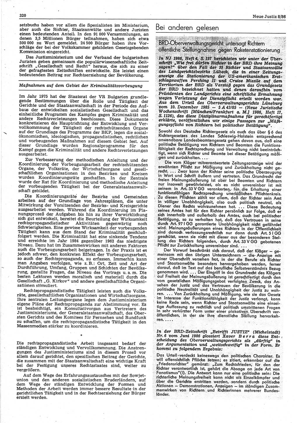 Neue Justiz (NJ), Zeitschrift für sozialistisches Recht und Gesetzlichkeit [Deutsche Demokratische Republik (DDR)], 40. Jahrgang 1986, Seite 320 (NJ DDR 1986, S. 320)