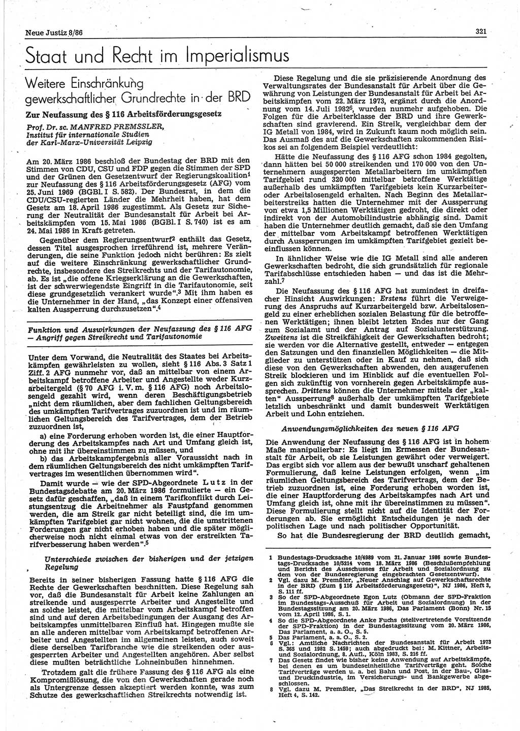 Neue Justiz (NJ), Zeitschrift für sozialistisches Recht und Gesetzlichkeit [Deutsche Demokratische Republik (DDR)], 40. Jahrgang 1986, Seite 321 (NJ DDR 1986, S. 321)
