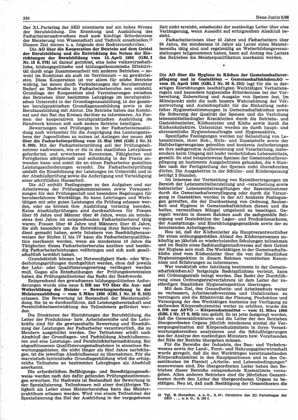 Neue Justiz (NJ), Zeitschrift für sozialistisches Recht und Gesetzlichkeit [Deutsche Demokratische Republik (DDR)], 40. Jahrgang 1986, Seite 330 (NJ DDR 1986, S. 330)