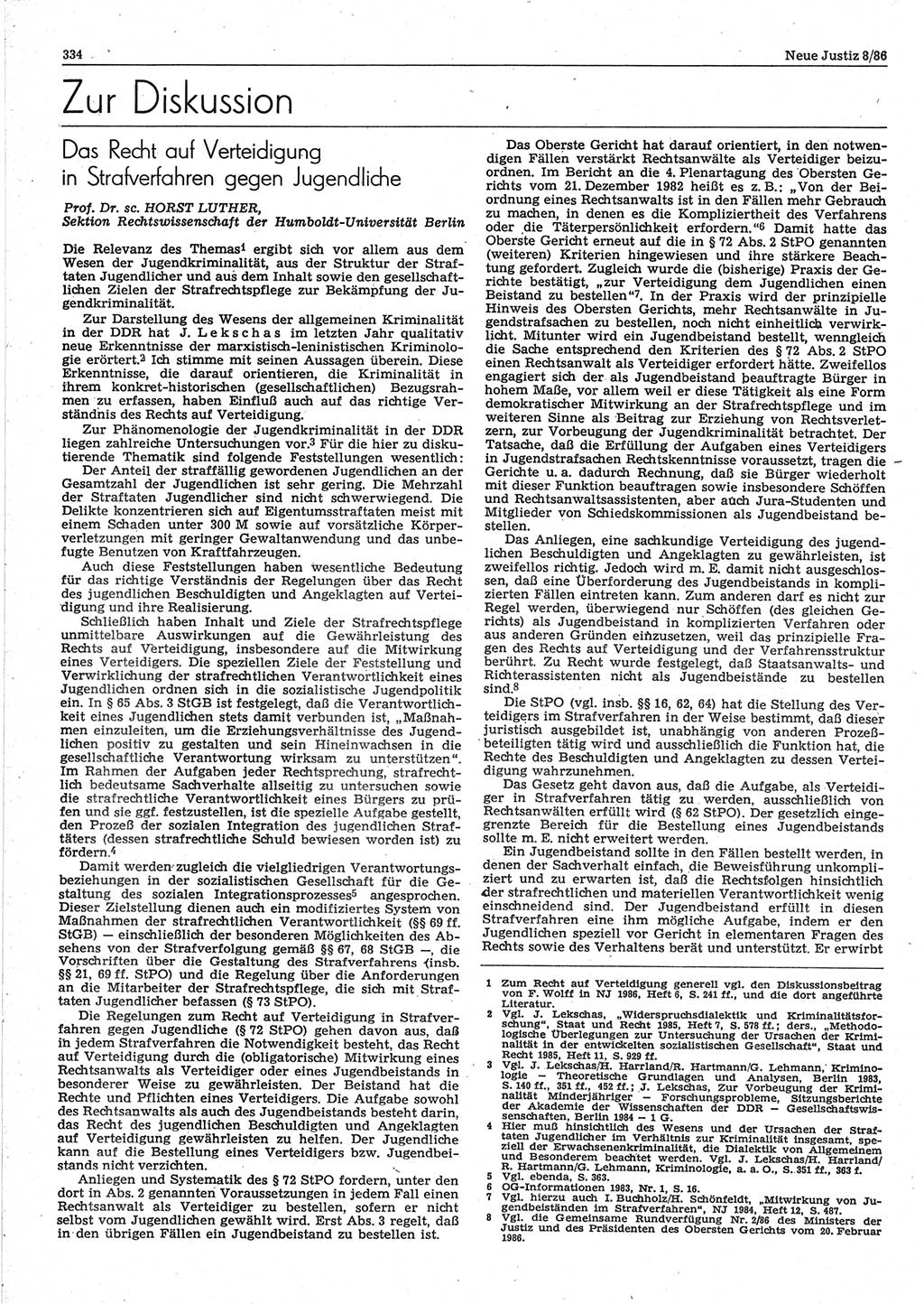 Neue Justiz (NJ), Zeitschrift für sozialistisches Recht und Gesetzlichkeit [Deutsche Demokratische Republik (DDR)], 40. Jahrgang 1986, Seite 334 (NJ DDR 1986, S. 334)