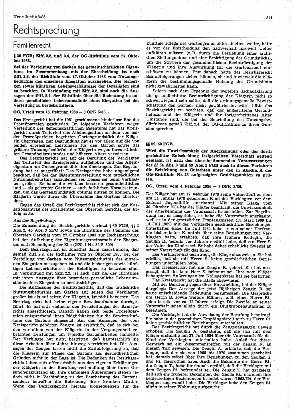 Neue Justiz (NJ), Zeitschrift für sozialistisches Recht und Gesetzlichkeit [Deutsche Demokratische Republik (DDR)], 40. Jahrgang 1986, Seite 341 (NJ DDR 1986, S. 341)