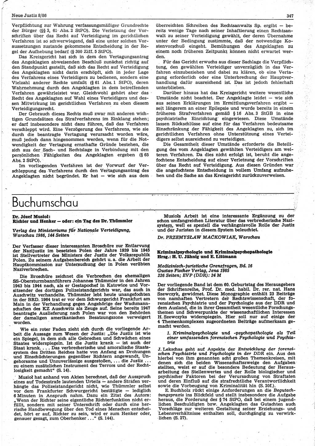 Neue Justiz (NJ), Zeitschrift für sozialistisches Recht und Gesetzlichkeit [Deutsche Demokratische Republik (DDR)], 40. Jahrgang 1986, Seite 347 (NJ DDR 1986, S. 347)