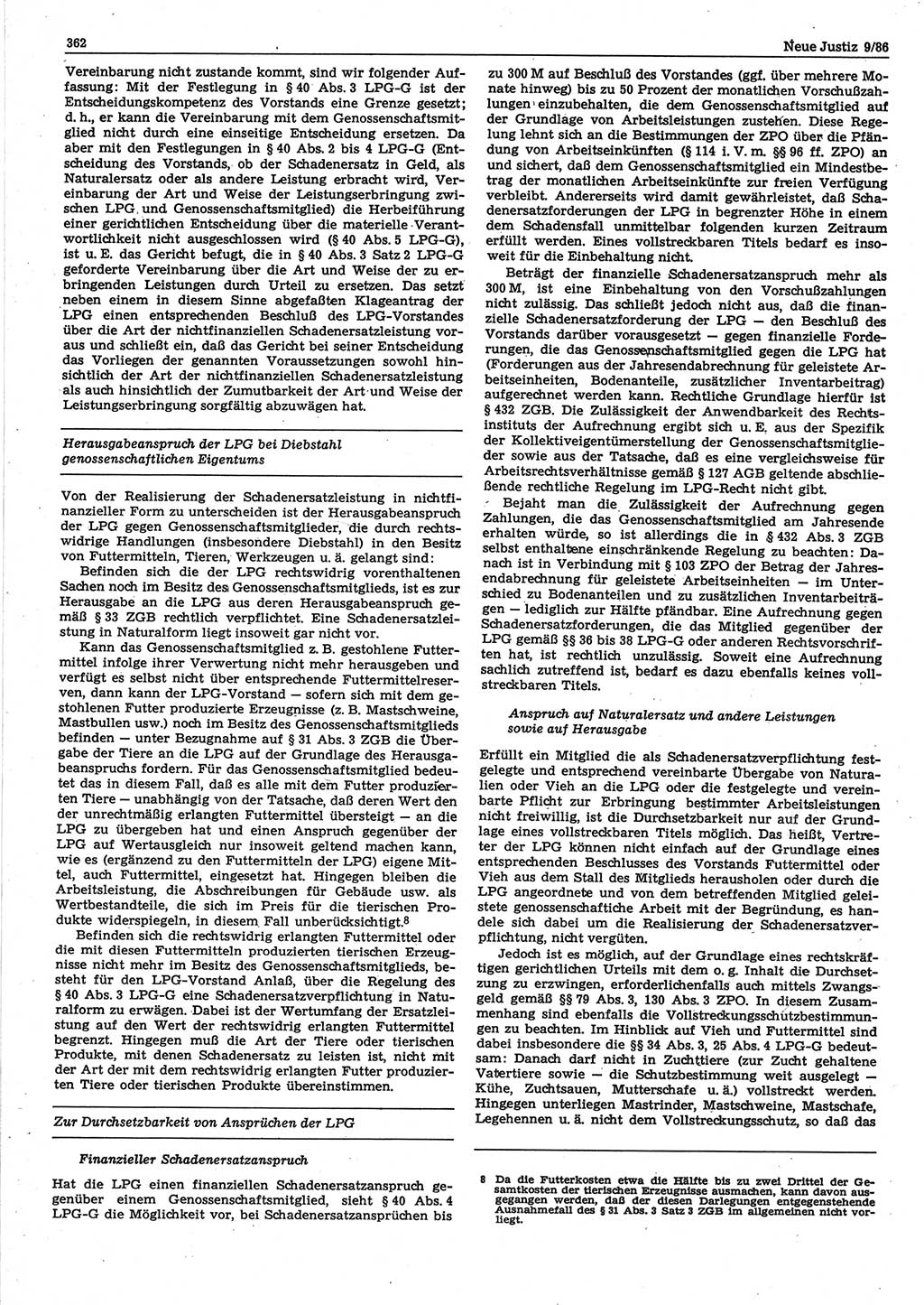 Neue Justiz (NJ), Zeitschrift für sozialistisches Recht und Gesetzlichkeit [Deutsche Demokratische Republik (DDR)], 40. Jahrgang 1986, Seite 362 (NJ DDR 1986, S. 362)