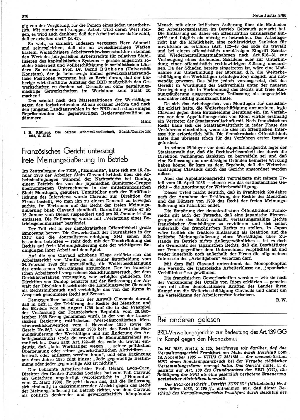 Neue Justiz (NJ), Zeitschrift für sozialistisches Recht und Gesetzlichkeit [Deutsche Demokratische Republik (DDR)], 40. Jahrgang 1986, Seite 370 (NJ DDR 1986, S. 370)