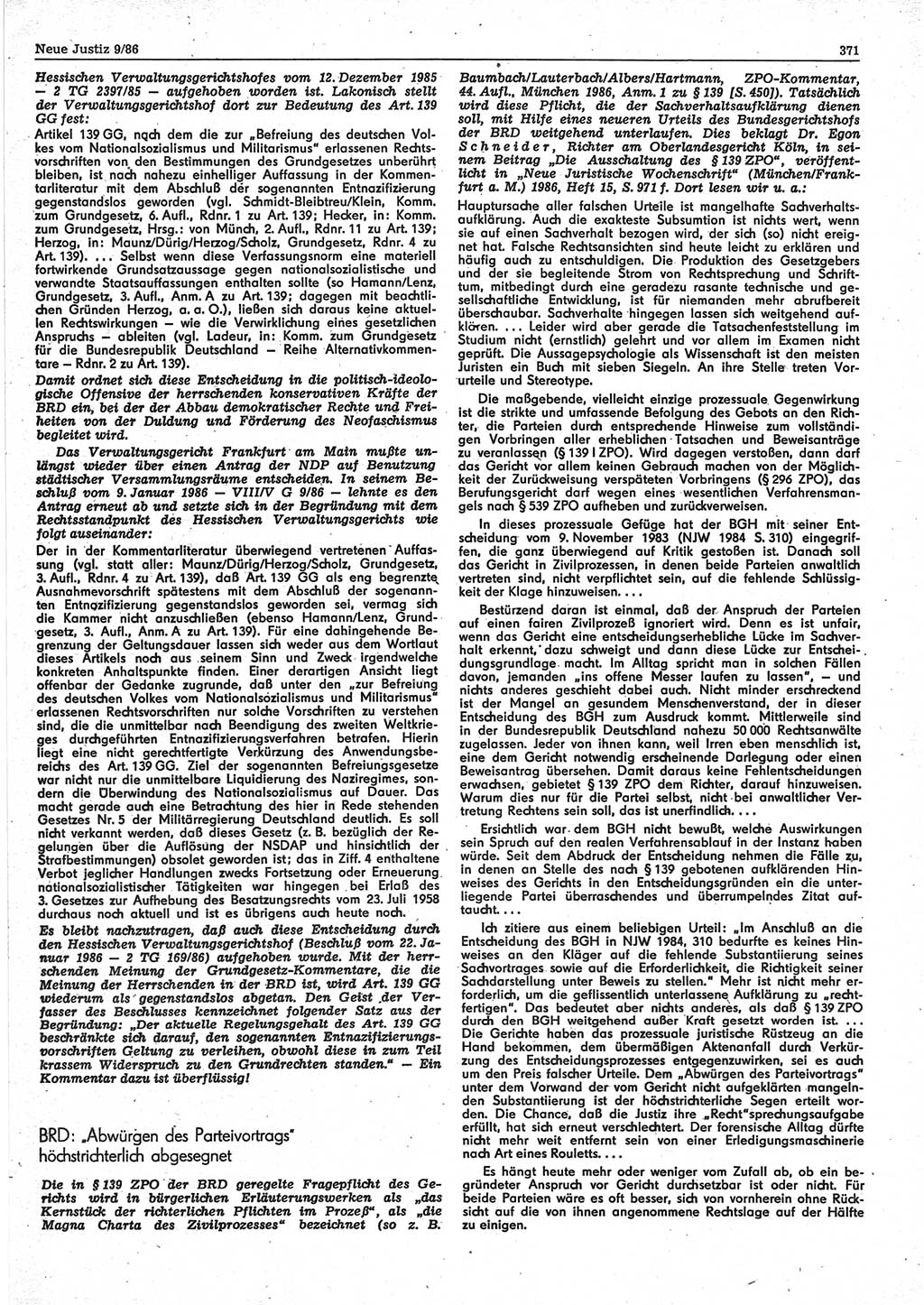 Neue Justiz (NJ), Zeitschrift für sozialistisches Recht und Gesetzlichkeit [Deutsche Demokratische Republik (DDR)], 40. Jahrgang 1986, Seite 371 (NJ DDR 1986, S. 371)