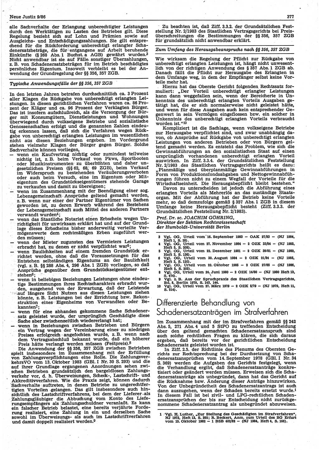 Neue Justiz (NJ), Zeitschrift für sozialistisches Recht und Gesetzlichkeit [Deutsche Demokratische Republik (DDR)], 40. Jahrgang 1986, Seite 377 (NJ DDR 1986, S. 377)