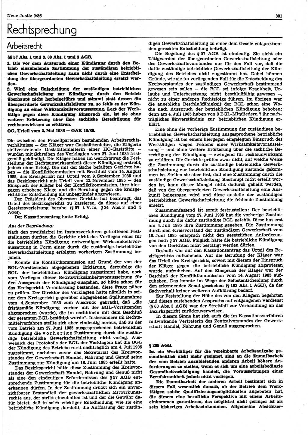 Neue Justiz (NJ), Zeitschrift für sozialistisches Recht und Gesetzlichkeit [Deutsche Demokratische Republik (DDR)], 40. Jahrgang 1986, Seite 381 (NJ DDR 1986, S. 381)