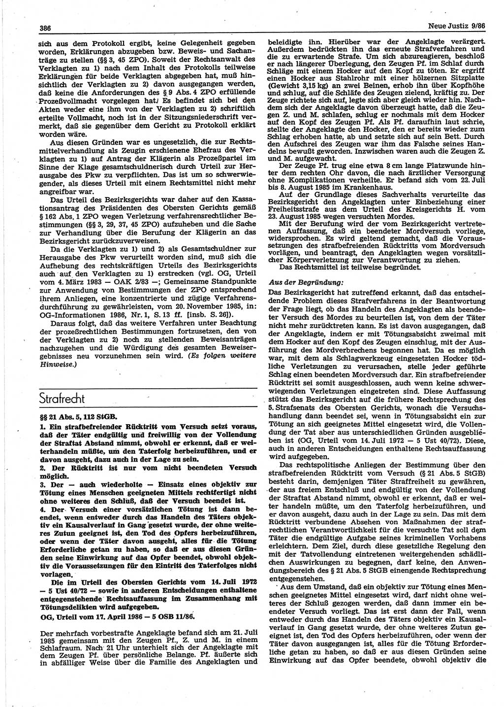 Neue Justiz (NJ), Zeitschrift für sozialistisches Recht und Gesetzlichkeit [Deutsche Demokratische Republik (DDR)], 40. Jahrgang 1986, Seite 386 (NJ DDR 1986, S. 386)