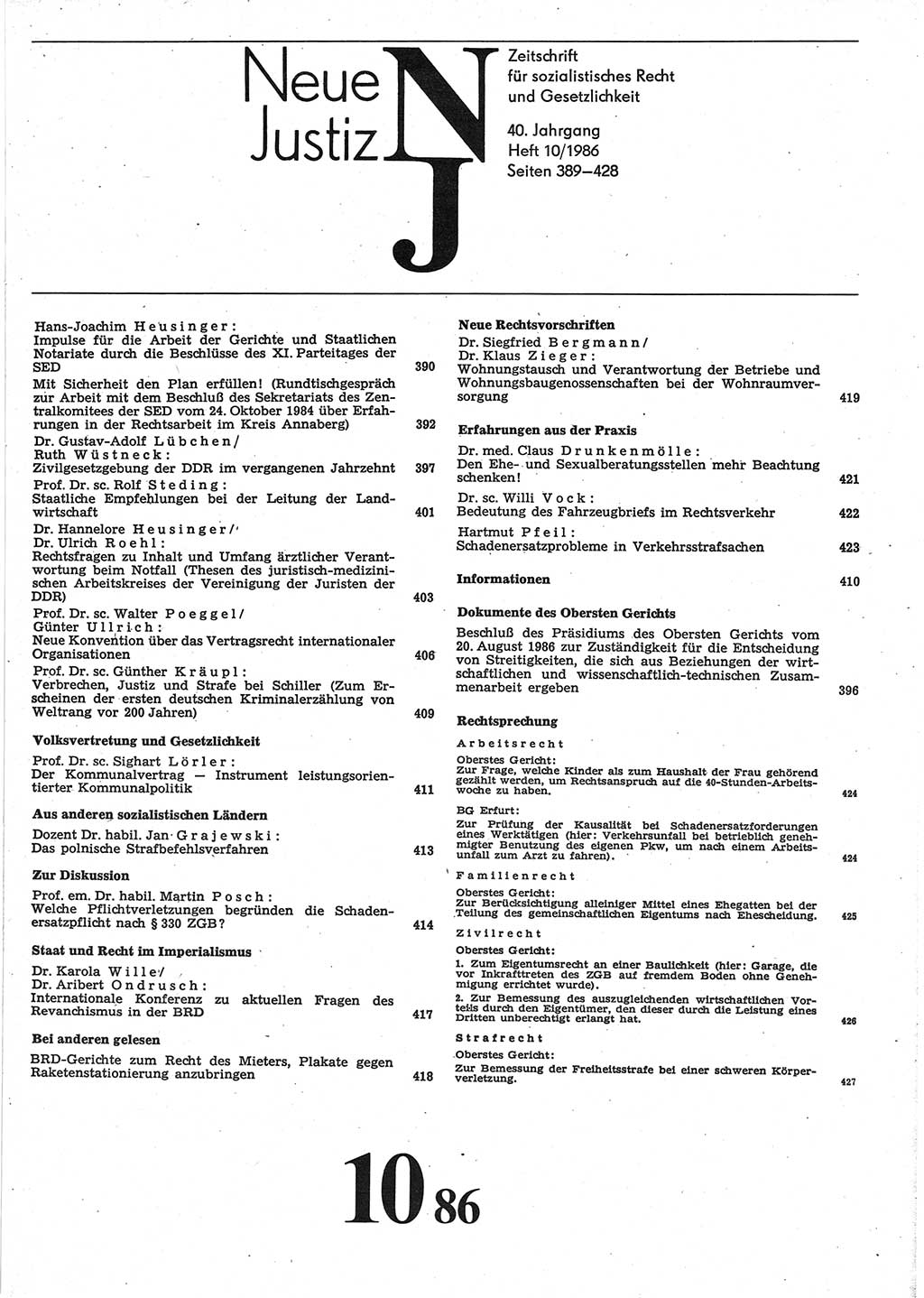 Neue Justiz (NJ), Zeitschrift für sozialistisches Recht und Gesetzlichkeit [Deutsche Demokratische Republik (DDR)], 40. Jahrgang 1986, Seite 389 (NJ DDR 1986, S. 389)
