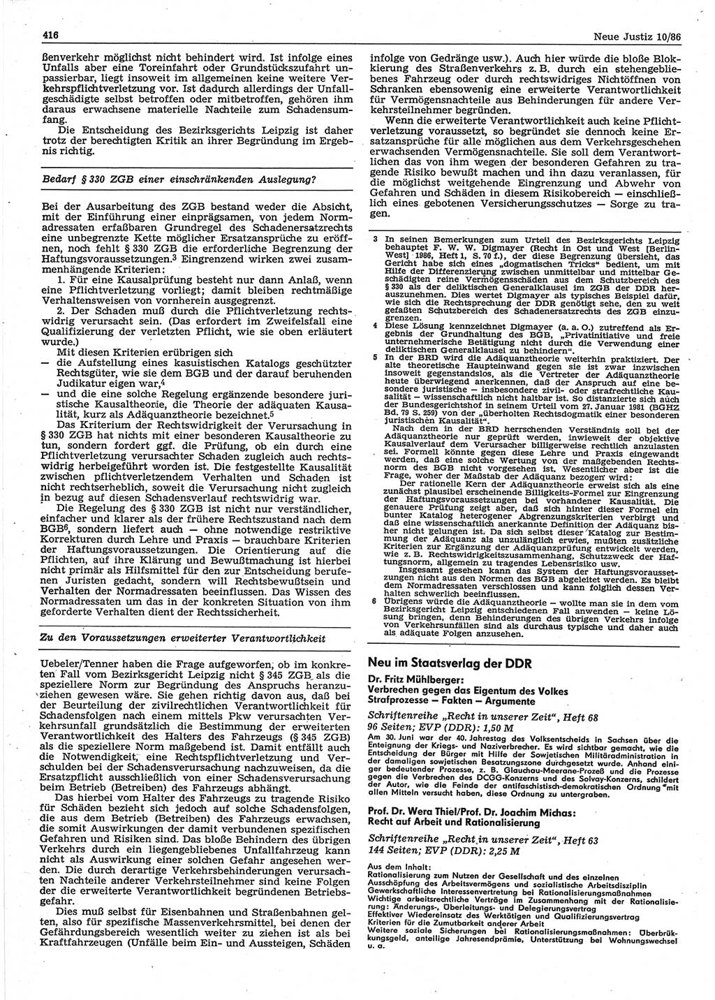 Neue Justiz (NJ), Zeitschrift für sozialistisches Recht und Gesetzlichkeit [Deutsche Demokratische Republik (DDR)], 40. Jahrgang 1986, Seite 416 (NJ DDR 1986, S. 416)