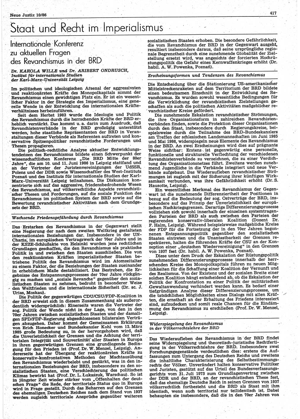 Neue Justiz (NJ), Zeitschrift für sozialistisches Recht und Gesetzlichkeit [Deutsche Demokratische Republik (DDR)], 40. Jahrgang 1986, Seite 417 (NJ DDR 1986, S. 417)