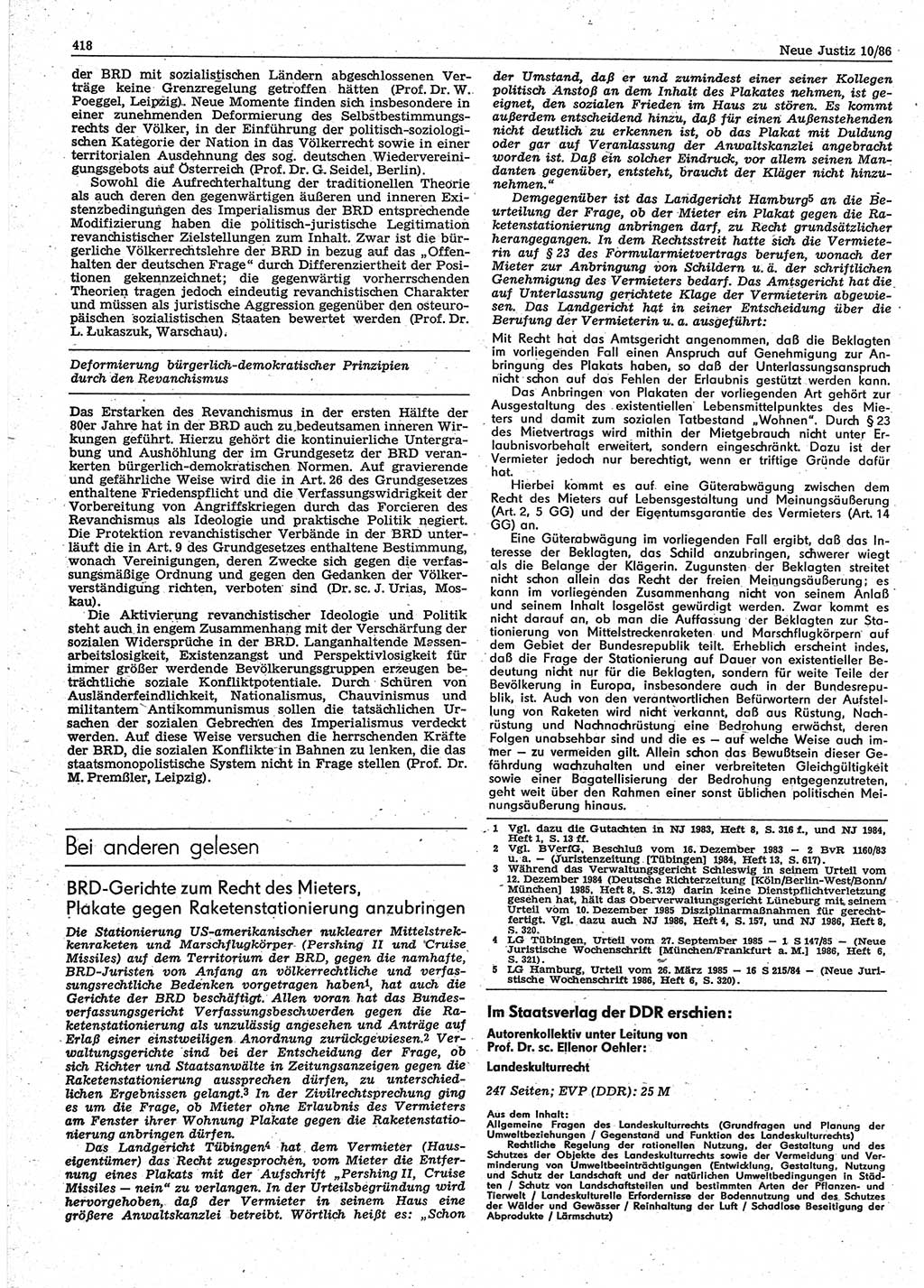Neue Justiz (NJ), Zeitschrift für sozialistisches Recht und Gesetzlichkeit [Deutsche Demokratische Republik (DDR)], 40. Jahrgang 1986, Seite 418 (NJ DDR 1986, S. 418)