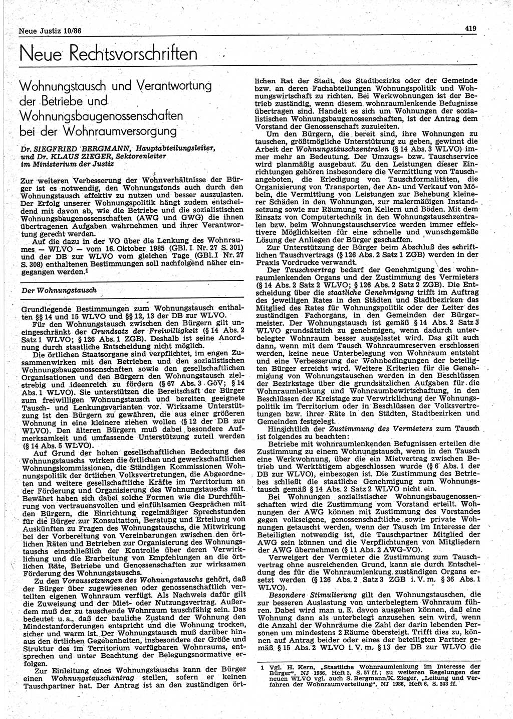 Neue Justiz (NJ), Zeitschrift für sozialistisches Recht und Gesetzlichkeit [Deutsche Demokratische Republik (DDR)], 40. Jahrgang 1986, Seite 419 (NJ DDR 1986, S. 419)
