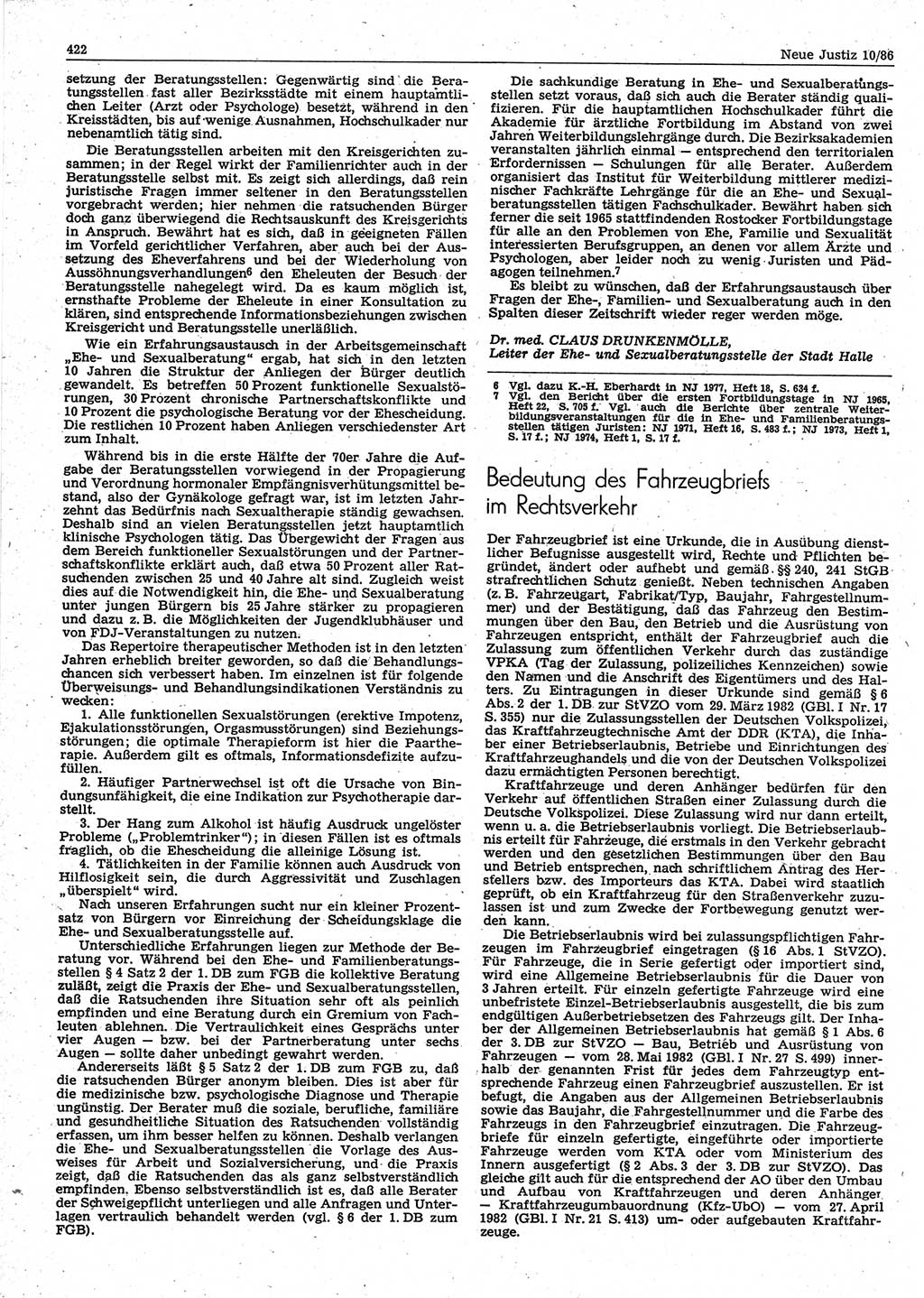 Neue Justiz (NJ), Zeitschrift für sozialistisches Recht und Gesetzlichkeit [Deutsche Demokratische Republik (DDR)], 40. Jahrgang 1986, Seite 422 (NJ DDR 1986, S. 422)