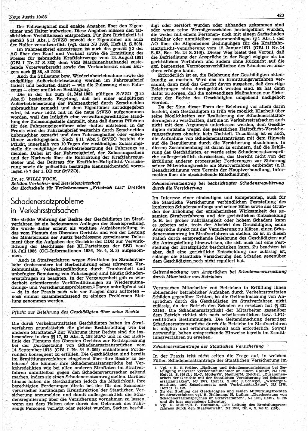 Neue Justiz (NJ), Zeitschrift für sozialistisches Recht und Gesetzlichkeit [Deutsche Demokratische Republik (DDR)], 40. Jahrgang 1986, Seite 423 (NJ DDR 1986, S. 423)