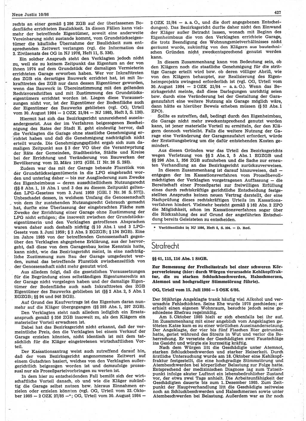 Neue Justiz (NJ), Zeitschrift für sozialistisches Recht und Gesetzlichkeit [Deutsche Demokratische Republik (DDR)], 40. Jahrgang 1986, Seite 427 (NJ DDR 1986, S. 427)