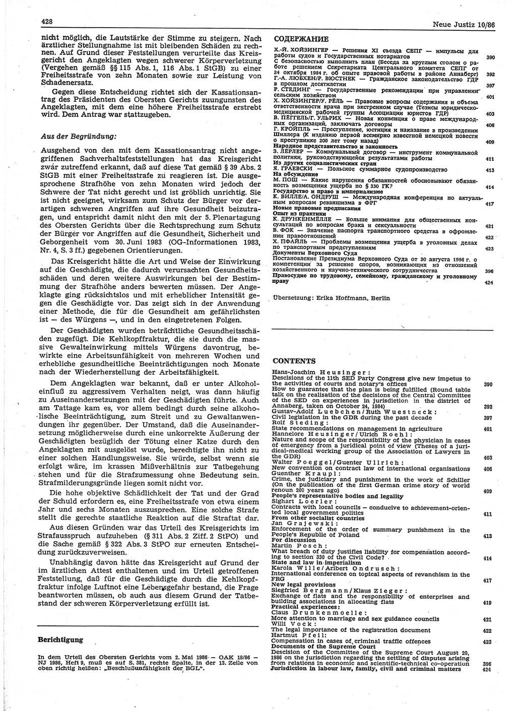 Neue Justiz (NJ), Zeitschrift für sozialistisches Recht und Gesetzlichkeit [Deutsche Demokratische Republik (DDR)], 40. Jahrgang 1986, Seite 428 (NJ DDR 1986, S. 428)