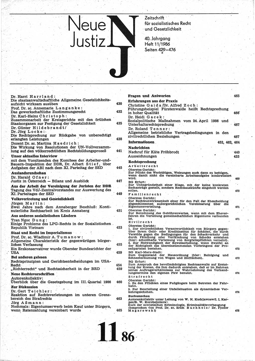 Neue Justiz (NJ), Zeitschrift für sozialistisches Recht und Gesetzlichkeit [Deutsche Demokratische Republik (DDR)], 40. Jahrgang 1986, Seite 429 (NJ DDR 1986, S. 429)