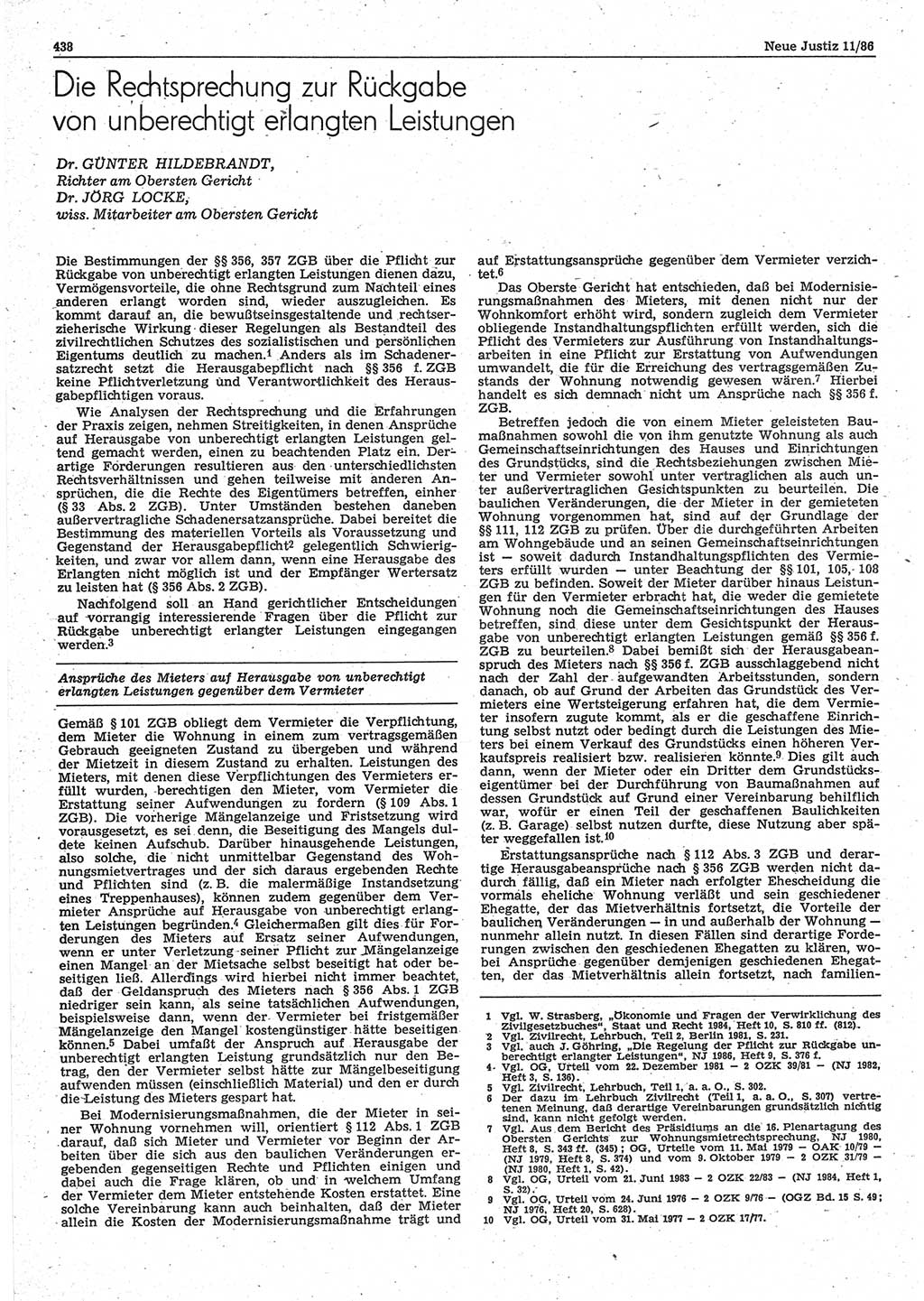 Neue Justiz (NJ), Zeitschrift für sozialistisches Recht und Gesetzlichkeit [Deutsche Demokratische Republik (DDR)], 40. Jahrgang 1986, Seite 438 (NJ DDR 1986, S. 438)