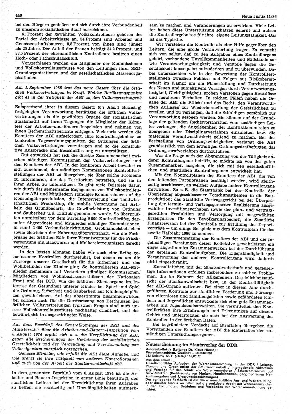 Neue Justiz (NJ), Zeitschrift für sozialistisches Recht und Gesetzlichkeit [Deutsche Demokratische Republik (DDR)], 40. Jahrgang 1986, Seite 446 (NJ DDR 1986, S. 446)