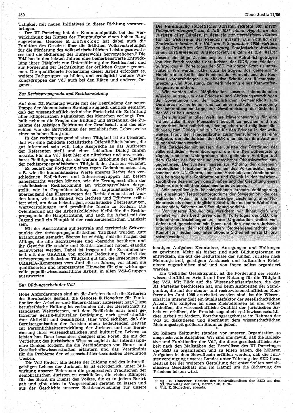 Neue Justiz (NJ), Zeitschrift für sozialistisches Recht und Gesetzlichkeit [Deutsche Demokratische Republik (DDR)], 40. Jahrgang 1986, Seite 450 (NJ DDR 1986, S. 450)