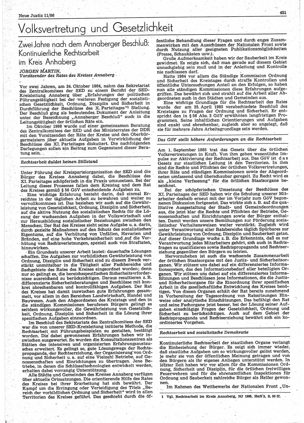 Neue Justiz (NJ), Zeitschrift für sozialistisches Recht und Gesetzlichkeit [Deutsche Demokratische Republik (DDR)], 40. Jahrgang 1986, Seite 451 (NJ DDR 1986, S. 451)
