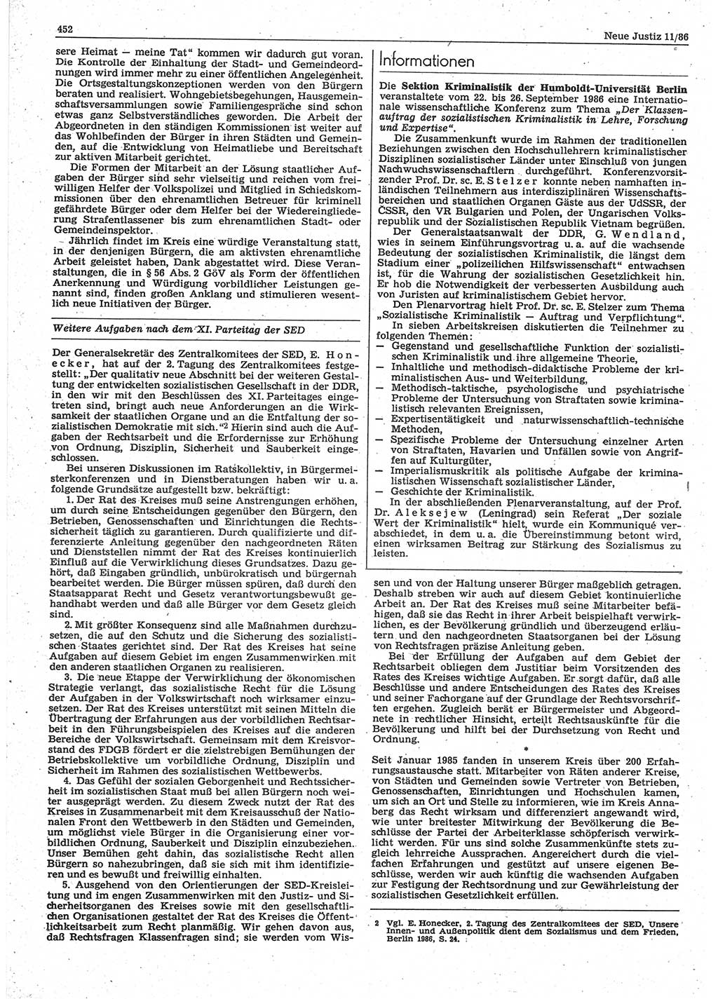 Neue Justiz (NJ), Zeitschrift für sozialistisches Recht und Gesetzlichkeit [Deutsche Demokratische Republik (DDR)], 40. Jahrgang 1986, Seite 452 (NJ DDR 1986, S. 452)