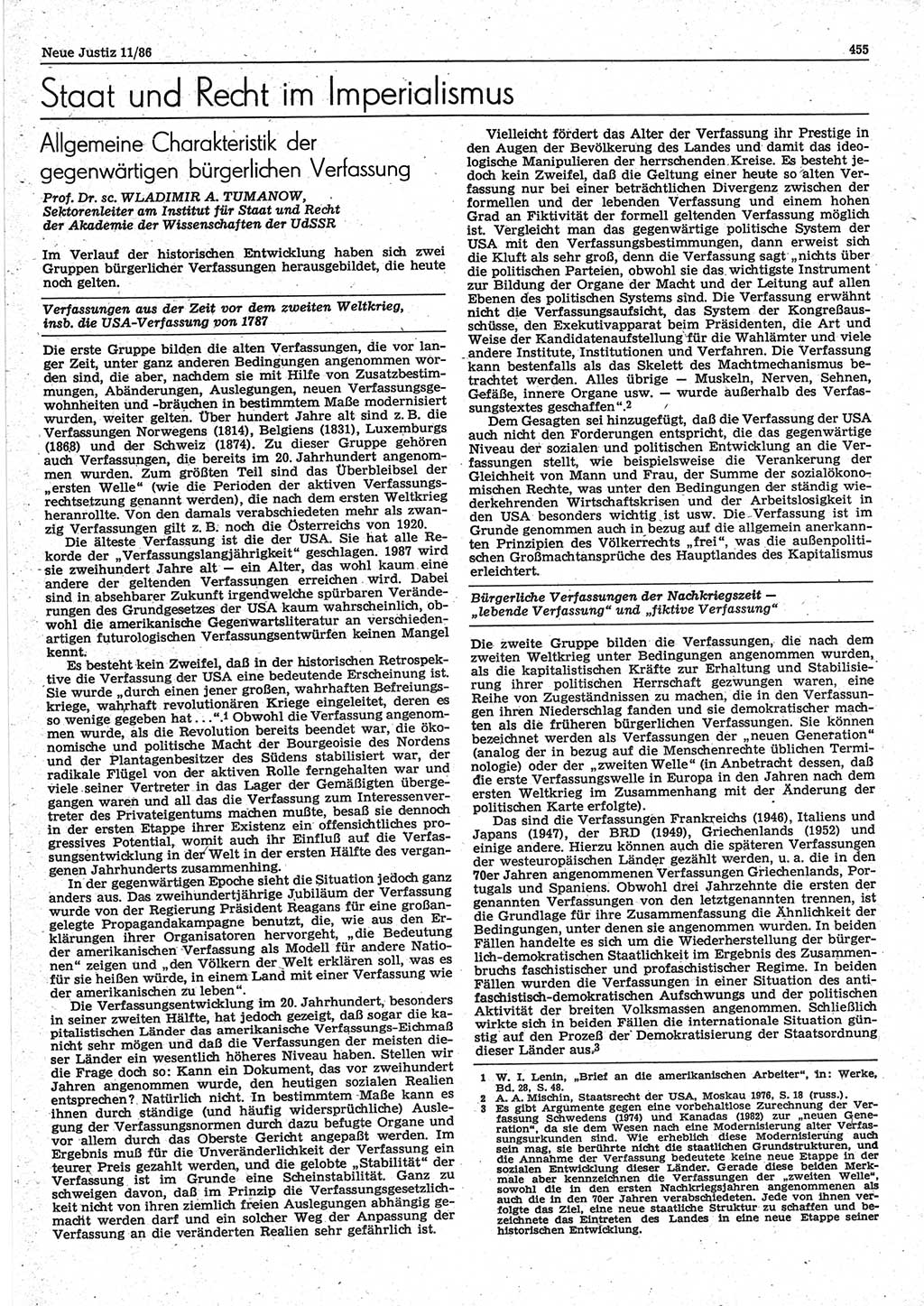 Neue Justiz (NJ), Zeitschrift für sozialistisches Recht und Gesetzlichkeit [Deutsche Demokratische Republik (DDR)], 40. Jahrgang 1986, Seite 455 (NJ DDR 1986, S. 455)