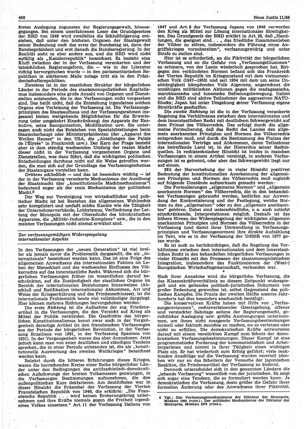 Neue Justiz (NJ), Zeitschrift für sozialistisches Recht und Gesetzlichkeit [Deutsche Demokratische Republik (DDR)], 40. Jahrgang 1986, Seite 458 (NJ DDR 1986, S. 458)