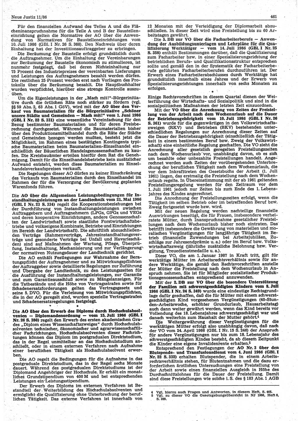 Neue Justiz (NJ), Zeitschrift für sozialistisches Recht und Gesetzlichkeit [Deutsche Demokratische Republik (DDR)], 40. Jahrgang 1986, Seite 461 (NJ DDR 1986, S. 461)