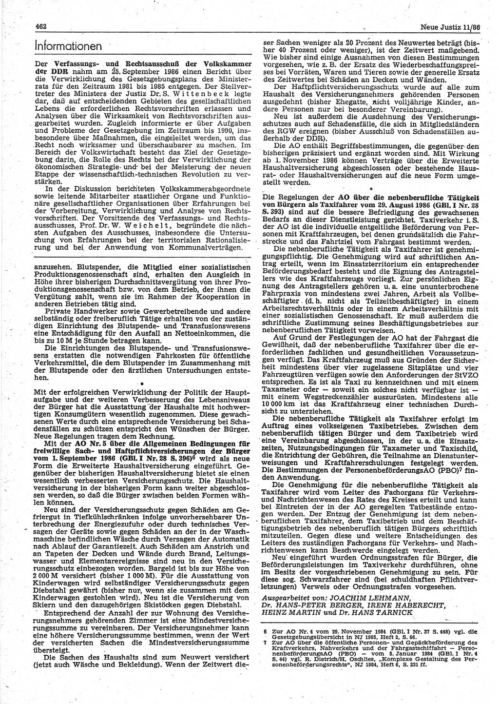 Neue Justiz (NJ), Zeitschrift für sozialistisches Recht und Gesetzlichkeit [Deutsche Demokratische Republik (DDR)], 40. Jahrgang 1986, Seite 462 (NJ DDR 1986, S. 462)