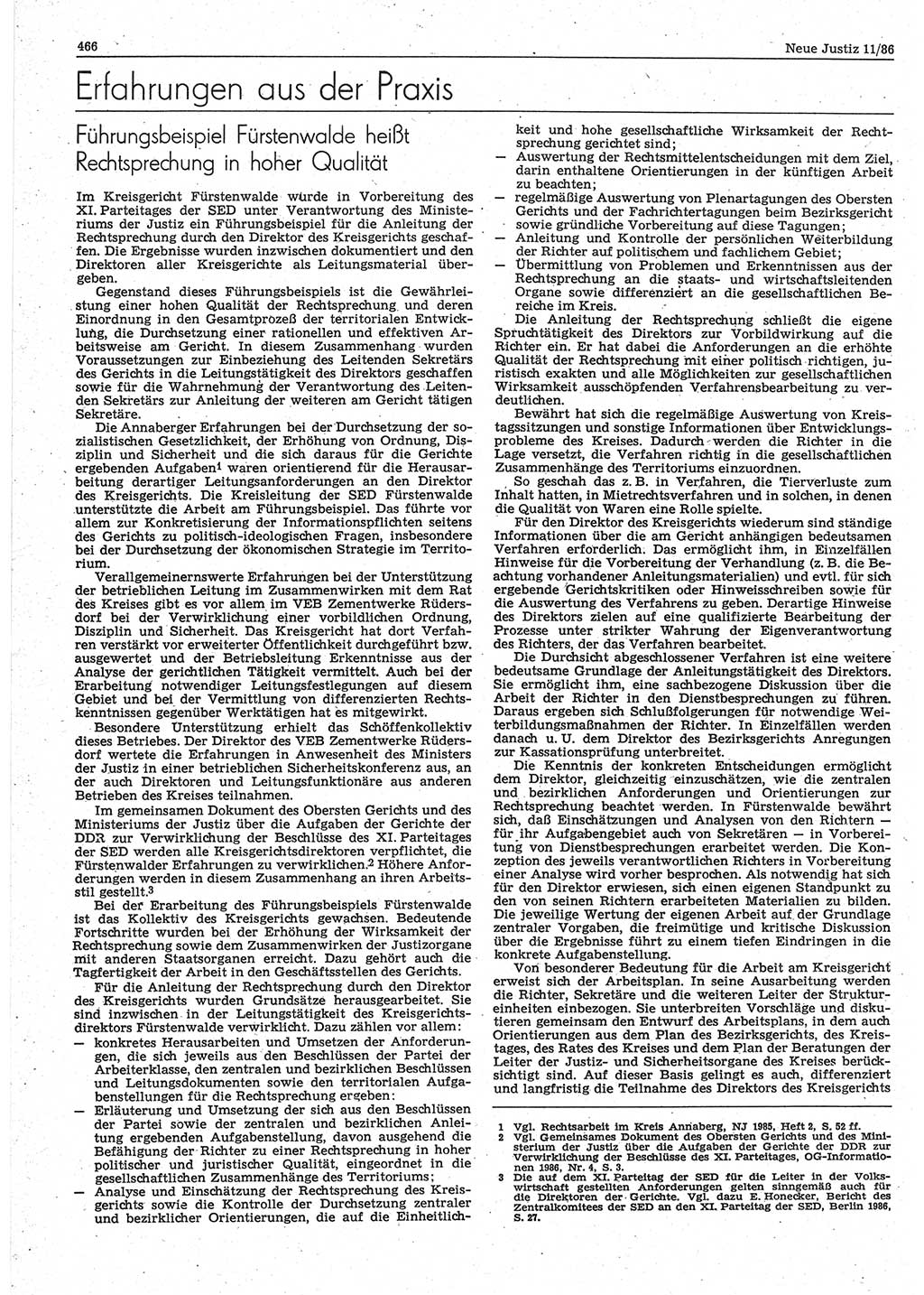 Neue Justiz (NJ), Zeitschrift für sozialistisches Recht und Gesetzlichkeit [Deutsche Demokratische Republik (DDR)], 40. Jahrgang 1986, Seite 466 (NJ DDR 1986, S. 466)
