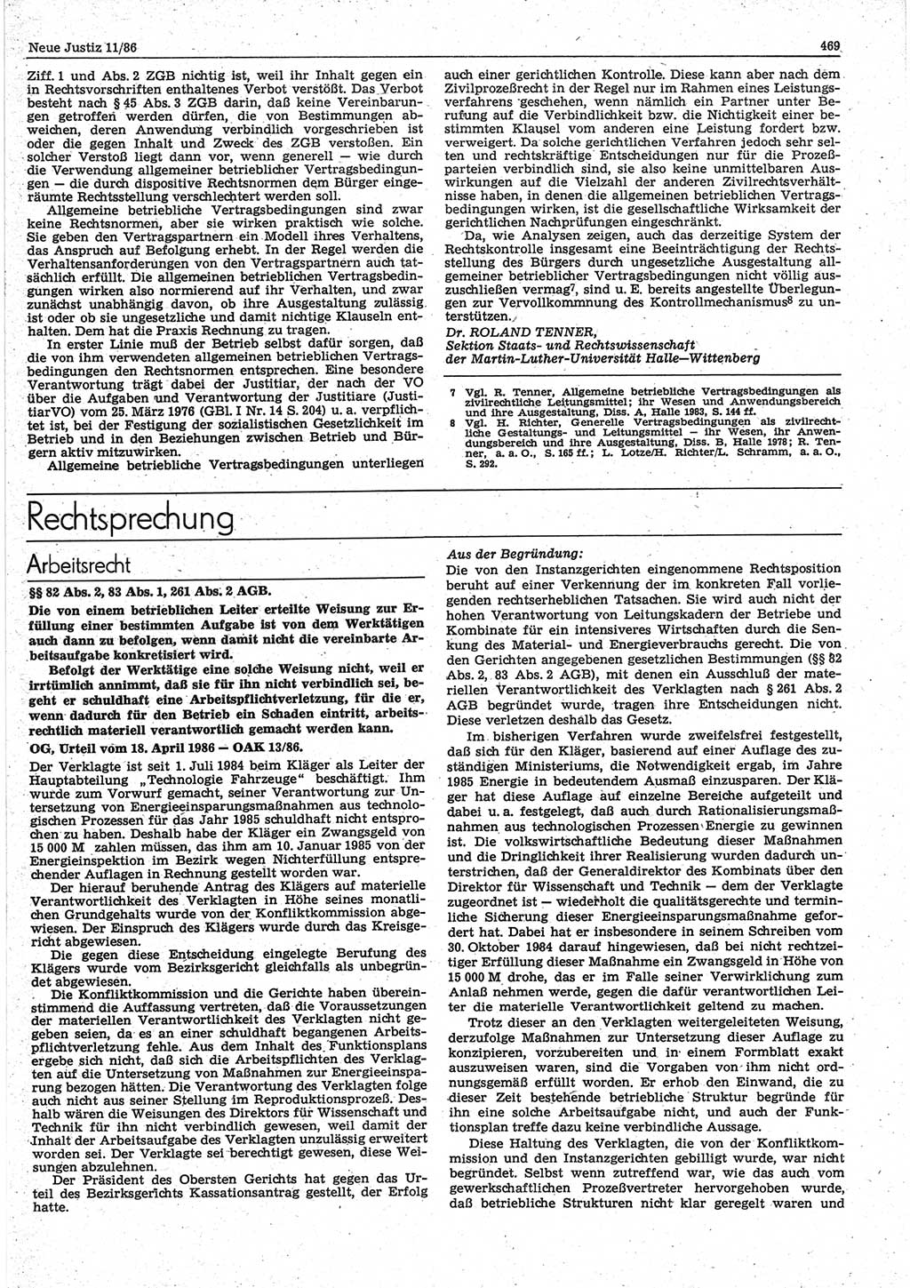 Neue Justiz (NJ), Zeitschrift für sozialistisches Recht und Gesetzlichkeit [Deutsche Demokratische Republik (DDR)], 40. Jahrgang 1986, Seite 469 (NJ DDR 1986, S. 469)