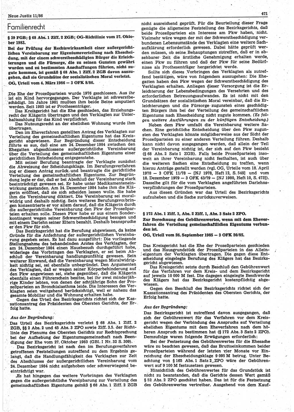 Neue Justiz (NJ), Zeitschrift für sozialistisches Recht und Gesetzlichkeit [Deutsche Demokratische Republik (DDR)], 40. Jahrgang 1986, Seite 471 (NJ DDR 1986, S. 471)
