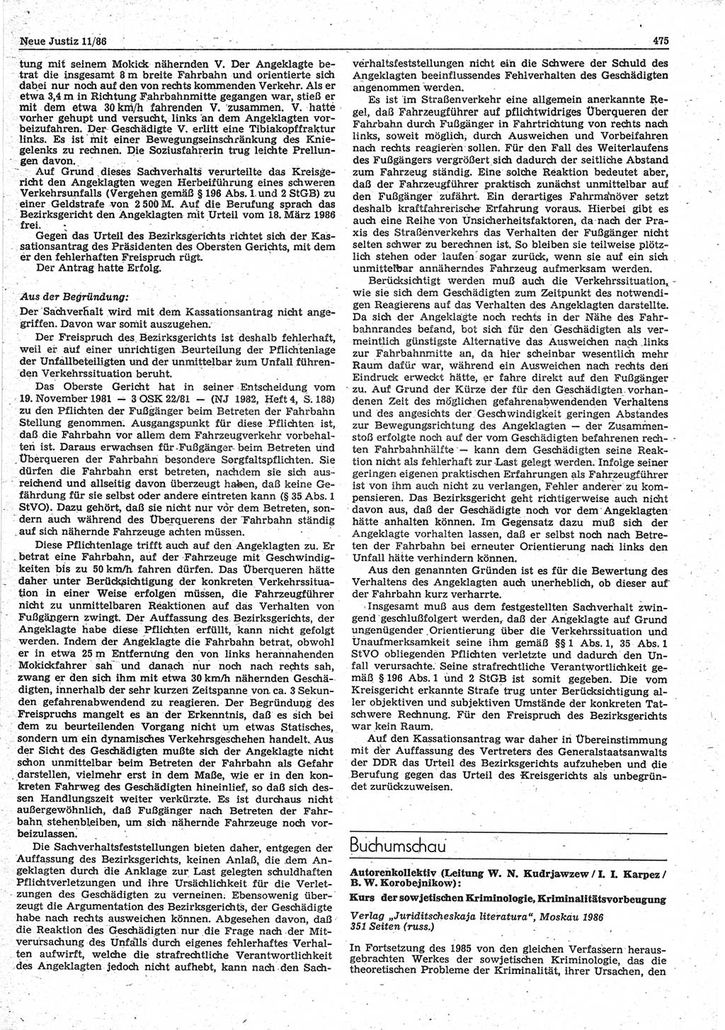 Neue Justiz (NJ), Zeitschrift für sozialistisches Recht und Gesetzlichkeit [Deutsche Demokratische Republik (DDR)], 40. Jahrgang 1986, Seite 475 (NJ DDR 1986, S. 475)