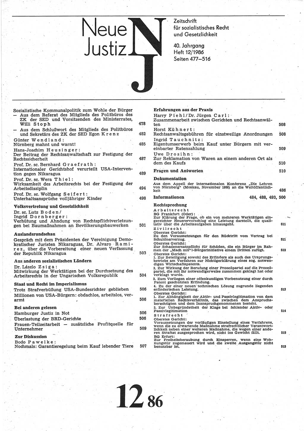 Neue Justiz (NJ), Zeitschrift für sozialistisches Recht und Gesetzlichkeit [Deutsche Demokratische Republik (DDR)], 40. Jahrgang 1986, Seite 477 (NJ DDR 1986, S. 477)