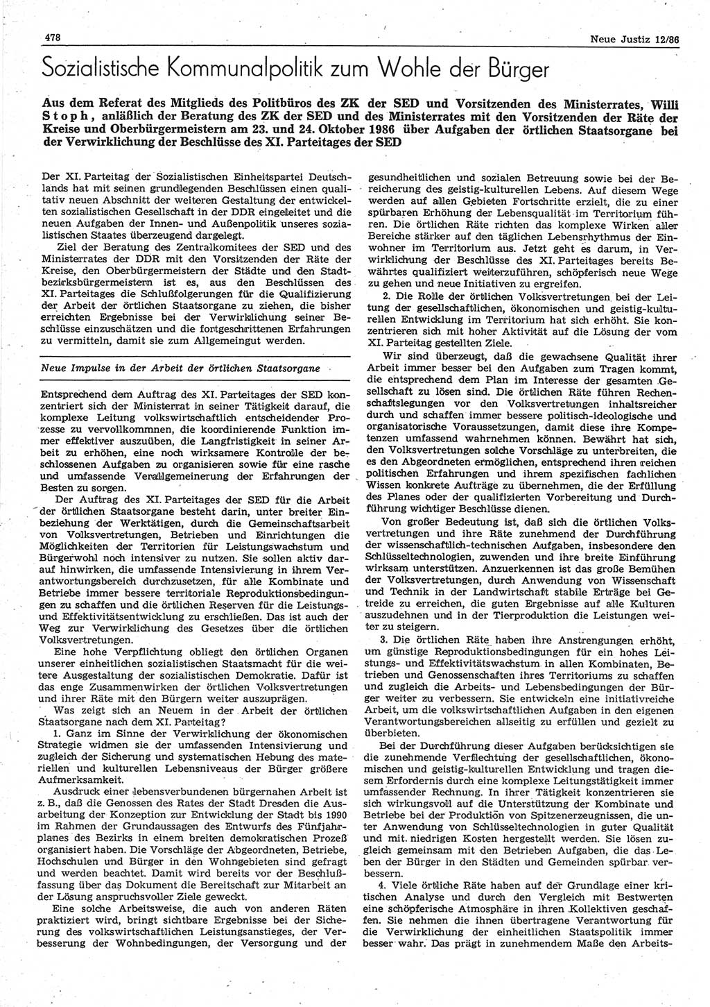 Neue Justiz (NJ), Zeitschrift für sozialistisches Recht und Gesetzlichkeit [Deutsche Demokratische Republik (DDR)], 40. Jahrgang 1986, Seite 478 (NJ DDR 1986, S. 478)