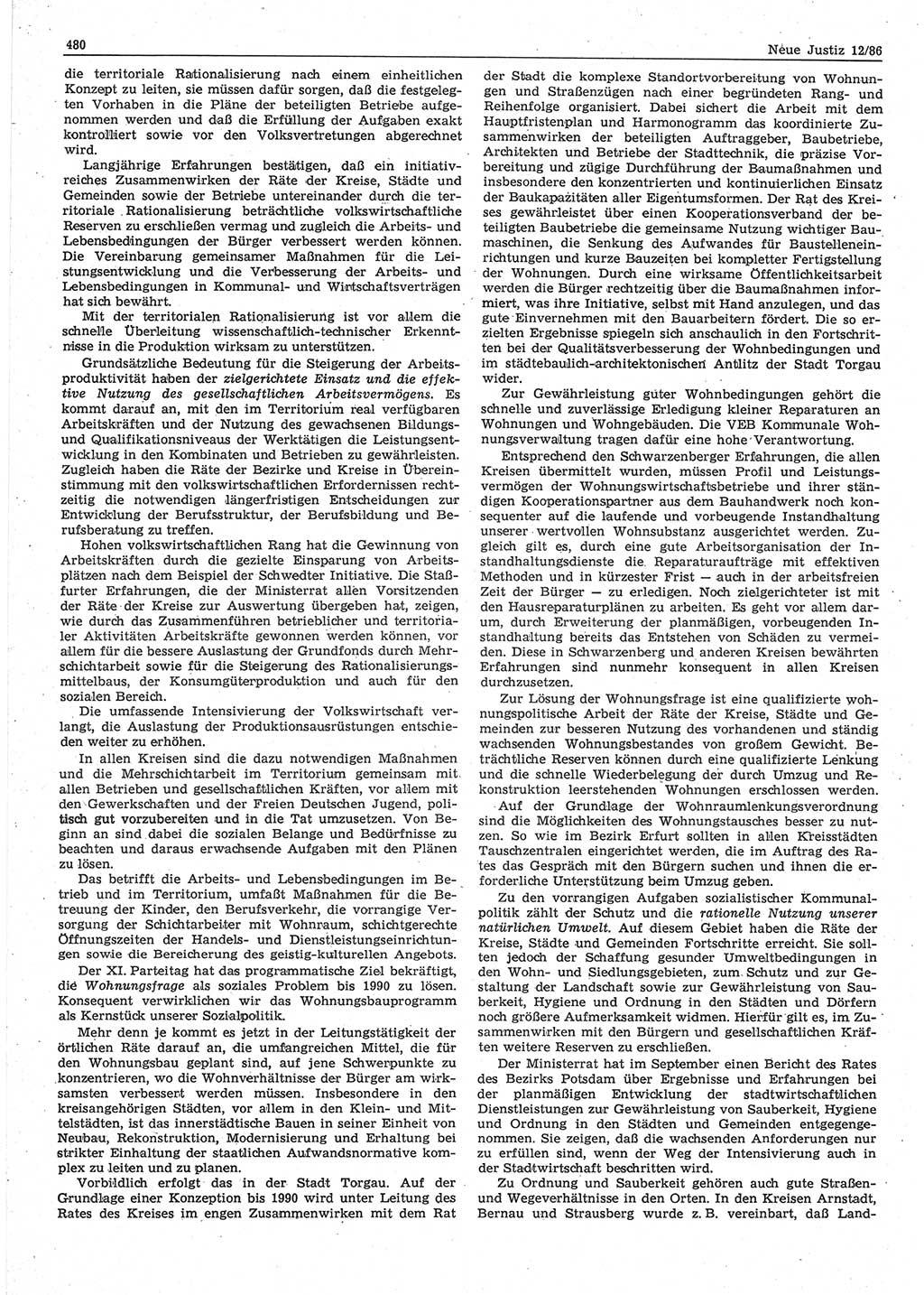Neue Justiz (NJ), Zeitschrift für sozialistisches Recht und Gesetzlichkeit [Deutsche Demokratische Republik (DDR)], 40. Jahrgang 1986, Seite 480 (NJ DDR 1986, S. 480)