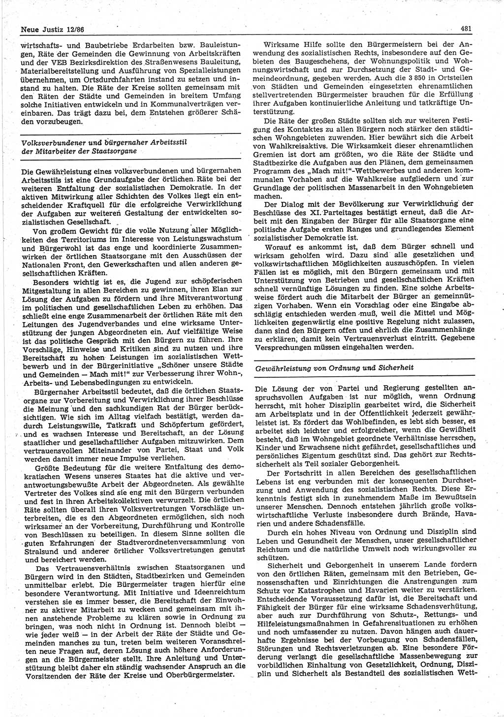 Neue Justiz (NJ), Zeitschrift für sozialistisches Recht und Gesetzlichkeit [Deutsche Demokratische Republik (DDR)], 40. Jahrgang 1986, Seite 481 (NJ DDR 1986, S. 481)