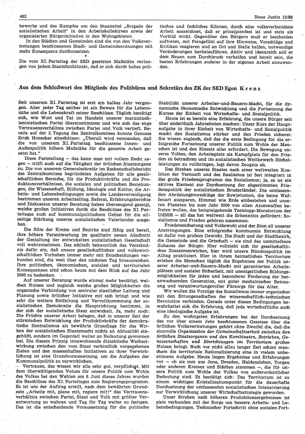 Neue Justiz (NJ), Zeitschrift für sozialistisches Recht und Gesetzlichkeit [Deutsche Demokratische Republik (DDR)], 40. Jahrgang 1986, Seite 482 (NJ DDR 1986, S. 482)