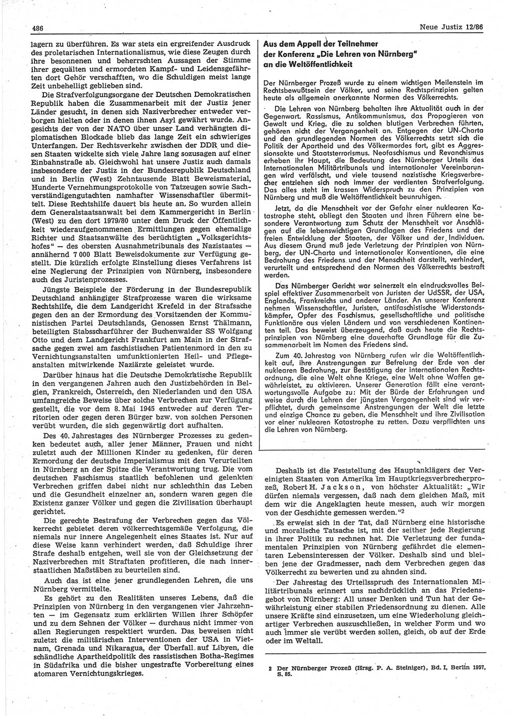 Neue Justiz (NJ), Zeitschrift für sozialistisches Recht und Gesetzlichkeit [Deutsche Demokratische Republik (DDR)], 40. Jahrgang 1986, Seite 486 (NJ DDR 1986, S. 486)