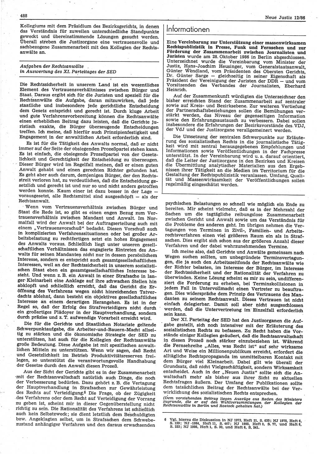 Neue Justiz (NJ), Zeitschrift für sozialistisches Recht und Gesetzlichkeit [Deutsche Demokratische Republik (DDR)], 40. Jahrgang 1986, Seite 488 (NJ DDR 1986, S. 488)