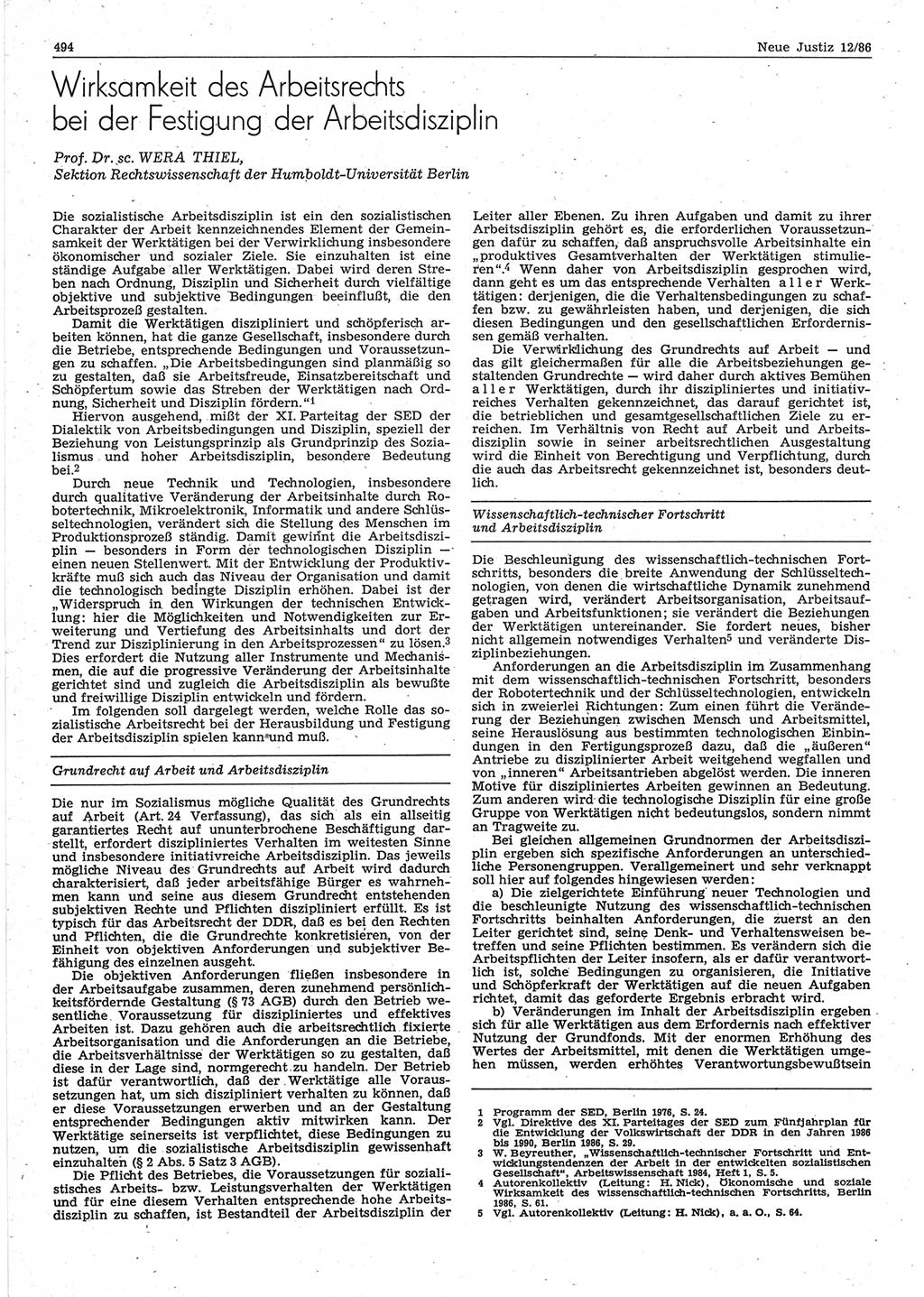 Neue Justiz (NJ), Zeitschrift für sozialistisches Recht und Gesetzlichkeit [Deutsche Demokratische Republik (DDR)], 40. Jahrgang 1986, Seite 494 (NJ DDR 1986, S. 494)